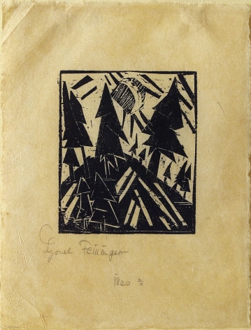 Lyonel Feininger, Fir Trees on a Hilltop, c. 1925, woodcut printed on yellow Kozo paper, image 4 1/2 x 3 3/4 inches
