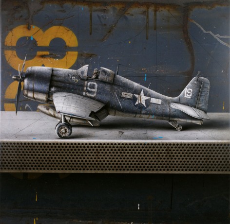 cesar galicia, F6F Hell Cat (SOLD), 2011, mixed media on board with silicon carbide, 25 3/4 x 26 1/4 inches