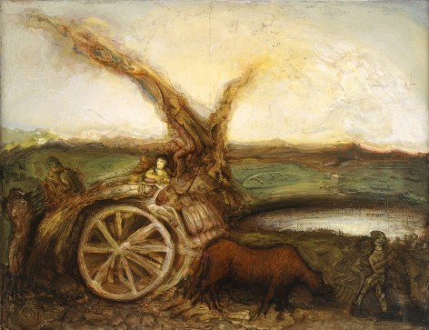 Gregory Gillespie, Landscape with Cart, 1992, oil on panel, 16 1/4 x 21 inches