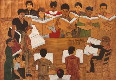 Winfred Rembert Winfred Rembert and Class of 1959, 1999 dye on carved and tooled leather 22 &frac12; x 32 &frac12; inches