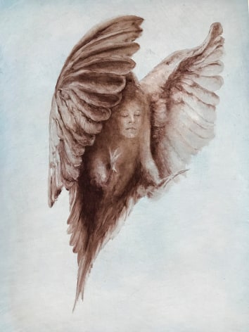 Kate Javens, Alyssa as a Mourning Dove, 2018, oil on birch panel, 24 x 18 inches