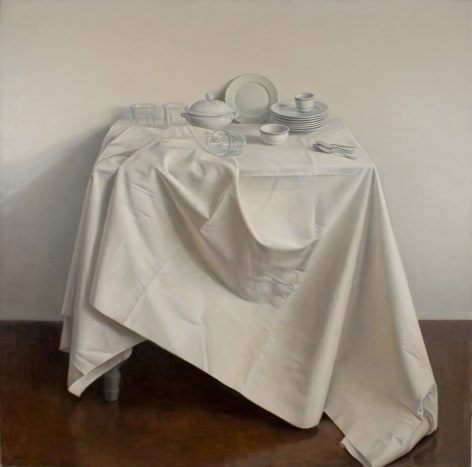 Raymond Han, Still Life with Draped Tablecloth, 1981 oil on canvas 52 x 52 inches