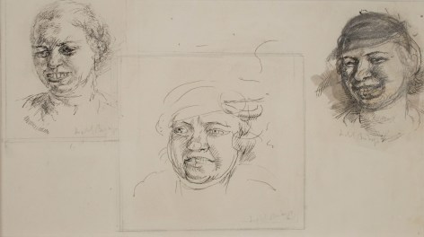 Isabel Bishop, Laughing Heads, Study Drawings, ink on paper, 7 x 9 1/4 inches