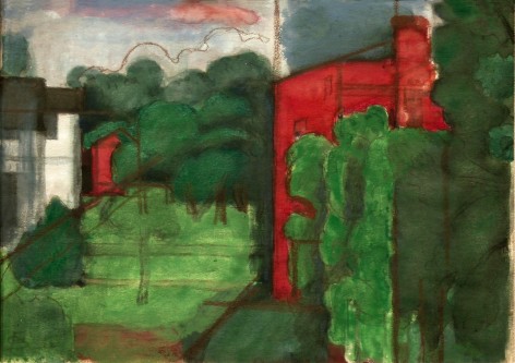 Oscar Bluemner, Irvington-Union, 1922, watercolor and gouache over charcoal on paper, 4 7/8 x 6 5/8 inches