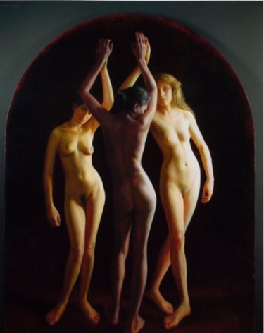 Steven Assael, Three Models, 1995, oil on shaped canvas, 79 x 58 inches