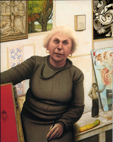 Gregory Gillespie, Portrait of Bella, 1987, oil on panel, 47 3/4 x 38 inches
