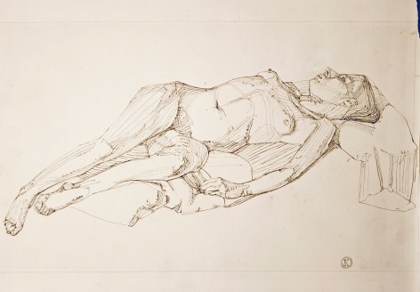 Jules Kirschenbaum, Untitled (Reclining Woman), c. 1950, ink on paper, 12 x 17 1/2 inches