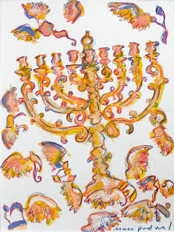 Mark Podwal, Menorah and wings of gold (created for the Metropolitan Opera), 2011, Acrylic, gouache, and colored pencil on paper, 14 1/2 x 12 inches