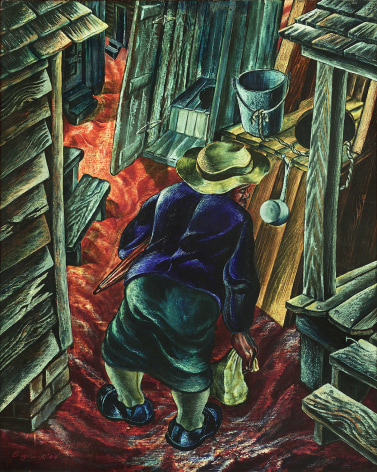 John Biggers, Coming Home from Work (SOLD), 1944, oil on board, 40 x 32 inches