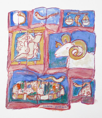 Mark Podwal, Shofars (SOLD), 2007, acrylic, gouache and colored pencil on paper, 9 x 8 inches