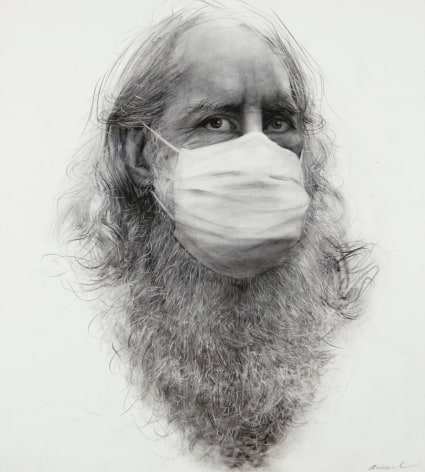 Steven Assael, Henry with Mask, 2020, graphite and crayon on paper, 11 1/4 x 10 3/8 inches