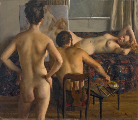 John Koch, Two Models and the Artist (SOLD), 1972, oil on canvas, 21 x 24 inches