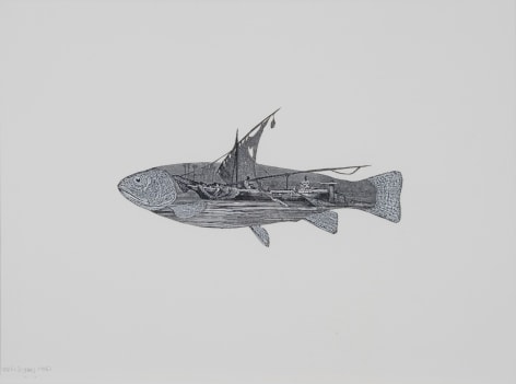 John Digby, Fish with Egyptian Boat, 1987, collage with pen and ink, 16 x 20 inches