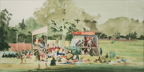David Levine, Taping &ldquo;As You Like It&rdquo;, c. 1979, watercolor on paper, 9 x 18 inches