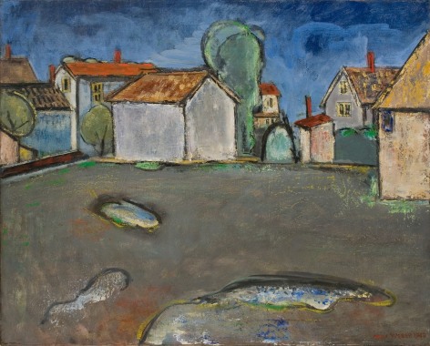 Max Weber, Rooftops, 1943, oil on canvas, 23 1/2 x 28 inches