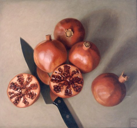 michael leonard, Five Pomegranates, 1996, alkyd oil on masonite, 17 x 18 1/2 inches
