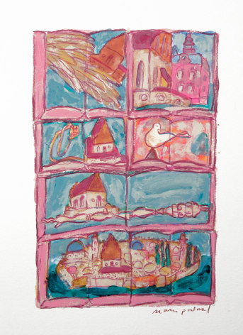 Mark Podwal, A synagogue with as many stories as stones (SOLD), 2008, acrylic, gouache and colored pencil on paper, 9 3/4 x 6 3/4 inches