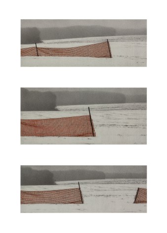 Anthony Mitri Snow Fence Variations, 2023 charcoal and Inktense pencil on paper 28 x 18 1/4 inches (This artwork is a single-sheet triptych)