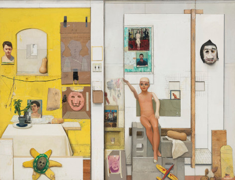 Gregory Gillespie Studio Wall (Still Life with Self-Portrait), 1976 oil, printed paper collage, pencil and Magna on wood, in four parts 96 x 124 inches