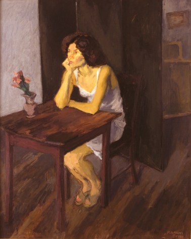 Raphael Soyer, Woman at Table with Plant, 1980, oil on canvas, 40 x 32 inches