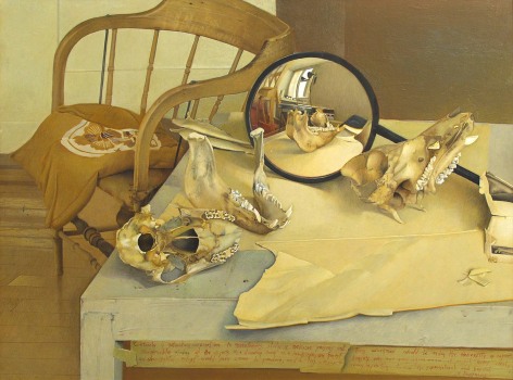 Jules Kirschenbaum, L&agrave;-Bas, 1981, tempera and oil on masonite, 18 x 24 inches