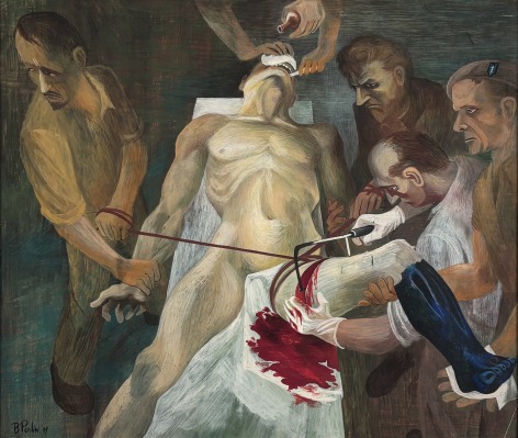 Bernard Perlin In Hospital (The Operating Table), 1944 casein tempera on panel 16 7/8  x 19 7/8 inches