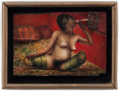 Gregory Gillespie Pregnant Female, 1967 oil on wood 4 3/8 x 5 3/4 inches