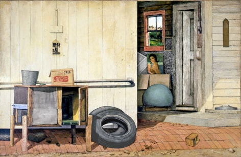 Gregory Gillespie, Back Entrance: Williamsburg, Massachusetts (SOLD), 1972, oil and Magna on wood, 54 x 84 inches