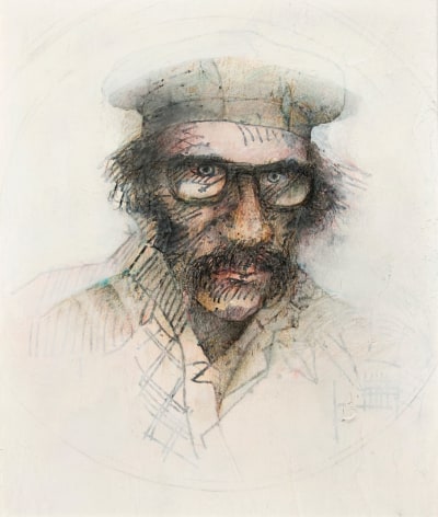 Gregory Gillespie, Self-Portrait with Glasses (SOLD), 1983, mixed media on paper mounted on board, 26 1/2 x 22 1/2 inches