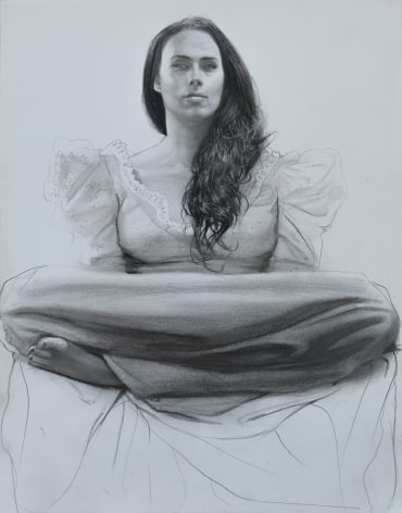 steven assael, Monica with Legs Crossed, 2014, crayon with graphite on paper, 14 x 11 1/2 inches