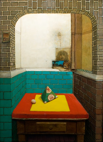 gregory gillespie, Roman Interior Kitchen (Still Life with Milk Carton), 1967-69 oil on panel 63 x 45 1/2 inches
