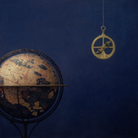guillermo munoz vera, The Erdapfel of Behaim and Astrolabe, 2010, oil on canvas on panel, 35 x 35 inches