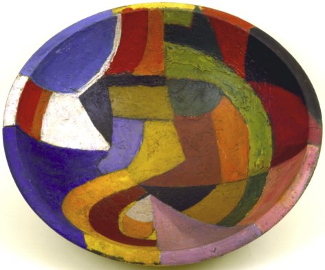 Synchromist Native American Wooden Bowl, 1916-17,&nbsp;oil on wood,&nbsp;16 3/4 inches diameter, 4 3/4 inches high