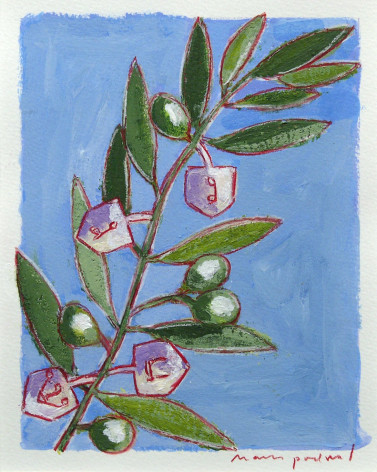 mark podwal, Olives &amp; Dreidels, 2003, acrylic, gouache and colored pencil on paper, 7 5/8 x 6 inches