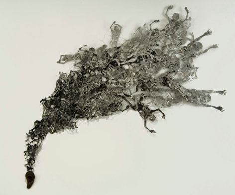 Lesley Dill, Sounds of War, &quot;There is a word that bears a sword.&quot; Dickinson #8, 2006, Cast copper, metal foil, organza, wire, 54 x 46 x 2 inches