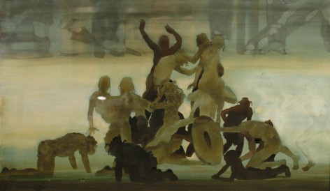 David Levine, Coney Island Battle of the Silhouette, 1977, watercolor on paper, 16 3/4 x 27 1/4 inches