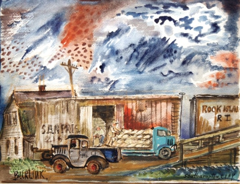 David Burliuk, Loading Trucks, Southampton, Long Island, New York, nd, watercolor on paper, 13 x 16 inches