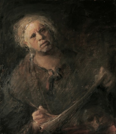 odd nerdrum, Self Portrait with Child's Skull, oil on canvas, 34 1/2 x 30 inches