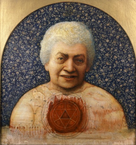 Gregory Gillespie, My Aunt, 1988, oil on panel, 19 3/4 x 18 1/2 inches