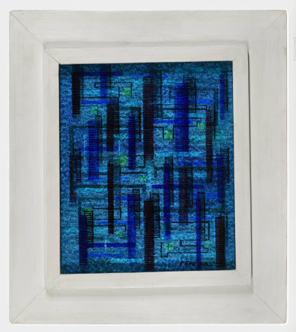 irene rice pereira, Three-Dimensional Composition in Blue, c. 1940 painted glass and board construction  11 1/2 x 9 1/2 x 1 1/8 inches  artist&rsquo;s shadow box frame: 17 1/8 x 15 7/8 x 1 5/8 inches