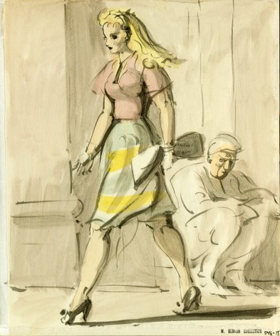 Reginald Marsh, Blonde with Green and Yellow Skirt, c. 1946, watercolor on paper, 10 x 8 inches