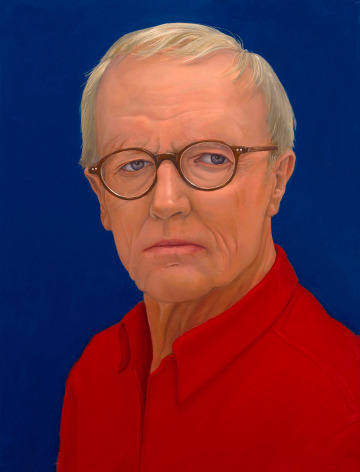 William Beckman, Self Portrait Red on Blue, 2020, oil on panel, 21 1/8 x 16 1/4 inches