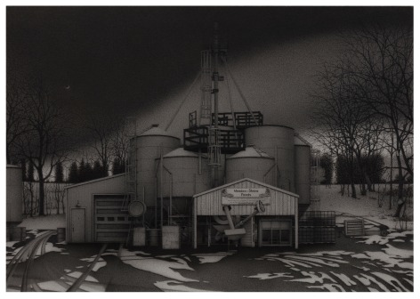 Anthony Mitri, Feed Mill, Swine Creek Basin, 2021, charcoal on paper, 13 x 18 1/2 inches