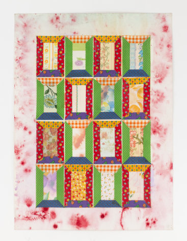 Miriam Schapiro, Again Sixteen Windows, 1973, enamel spray, watercolor, and fabric on paper, 30 1/2h x 22 1/2w in
