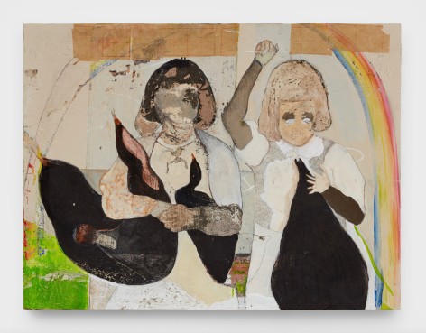 Jaxon Demme  The Process of Sewing People Back Together, 2021  acrylic, interior wall paint, paper mache, and pencil on wood  25 x 33 in