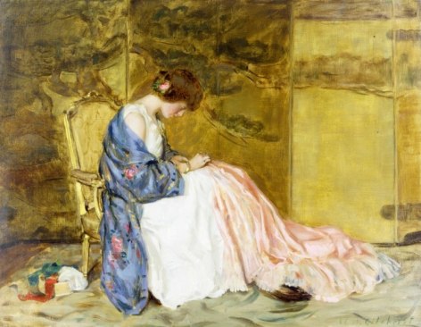 Image of sold oil painting by William Wallace Gilchrist Jr. entitled &quot;Sewing a Party Dress&quot; showing a young woman seated and sewing on a pink dress.