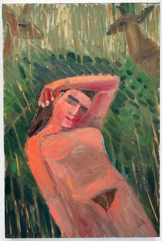 Image of Charity Baker's painting &quot;Deer Bed&quot; depicting a nude female lying down in a grassy spot with deer in the background.