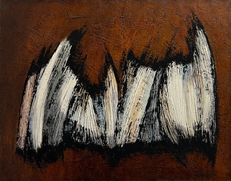 Image of untitled #010 abstract encaustic painting by Frederik Ottesen showing a central white and cream random shape in the center outlined with black on a background of rich browns.