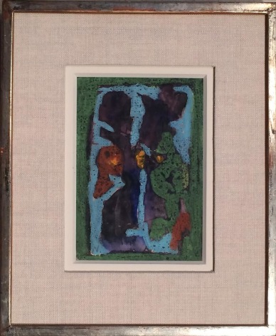 Image of gold toned frame with oatmeal colored fabric matting on 1961 untitled painting by Norris Embry.