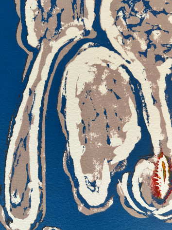 Closeup image of untitled (012) abstract lithograph bynHans Burkhardt in blue, beige and red.
